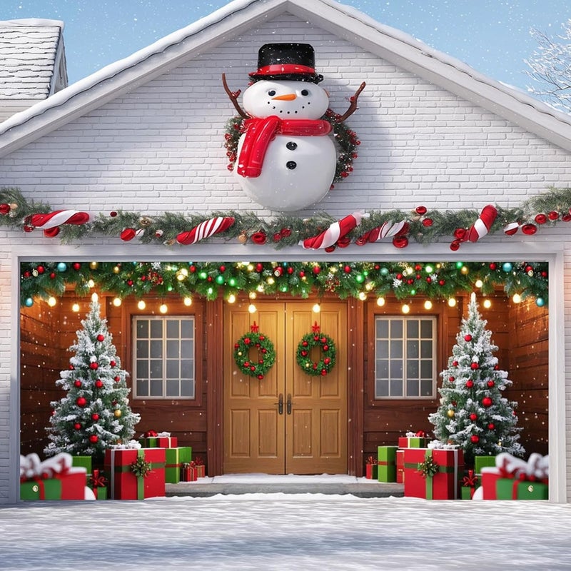 IVN Christmas Garage Door Banner 6x13 ft Winter House Scene with Snow Trees and Gifts Backdrop Decorative Holiday Christmas Garage Door Cover Mural Seasonal Scene Decor - Image 5